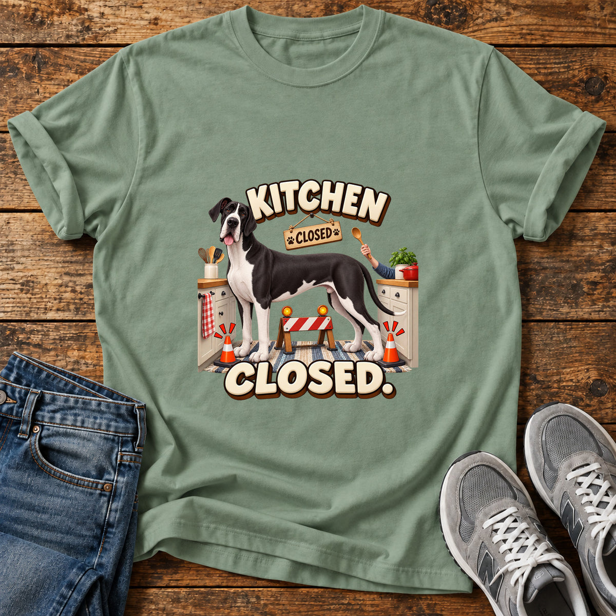 Kitchen Closed Great Dane graphic T-shirt in Sage, shown on a flat-lay shirt mockup