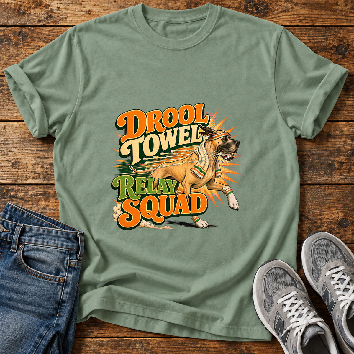 Drool Towel Squad Great Dane graphic T-shirt in Sage, shown on a flat-lay shirt mockup