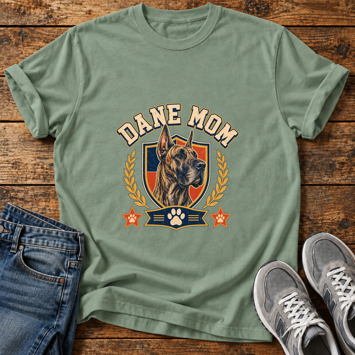 Dane Mom Great Dane graphic T-shirt in Sage, shown on a flat-lay shirt mockup