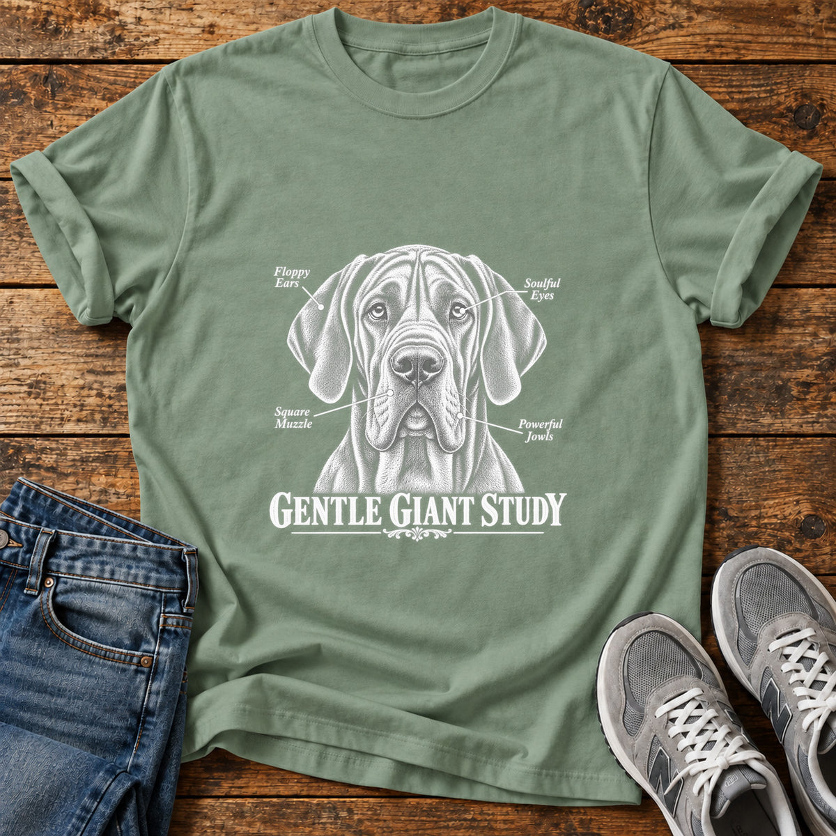 Gentle Giant Study Great Dane graphic T-shirt in Sage, shown on a flat-lay shirt mockup