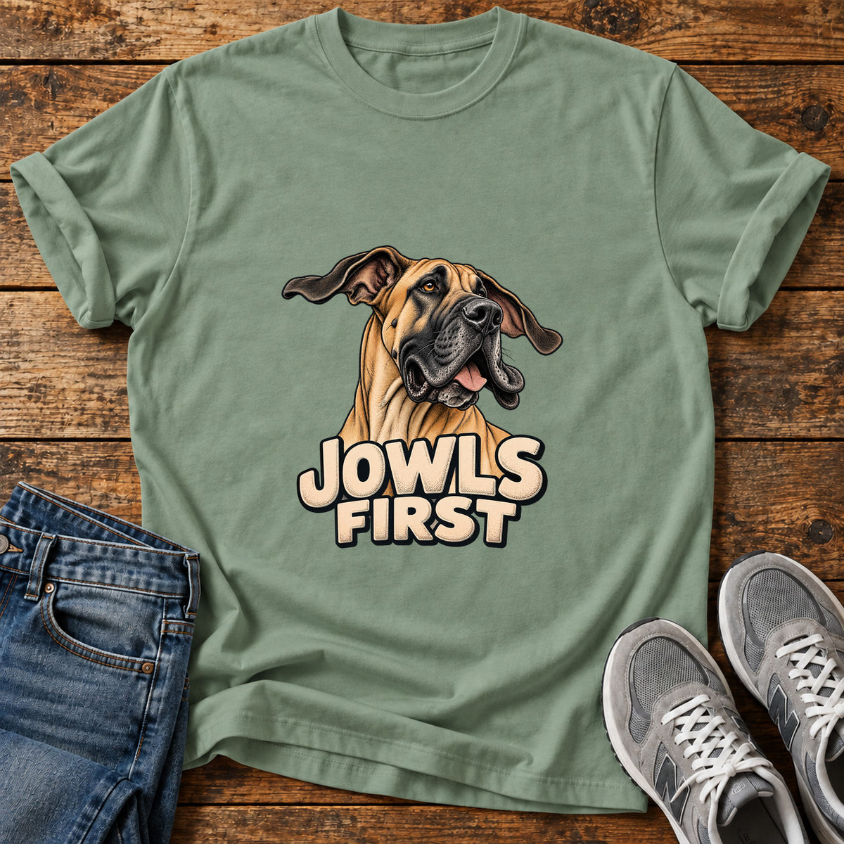 Jowls First Great Dane graphic T-shirt in Sage, shown on a flat-lay shirt mockup