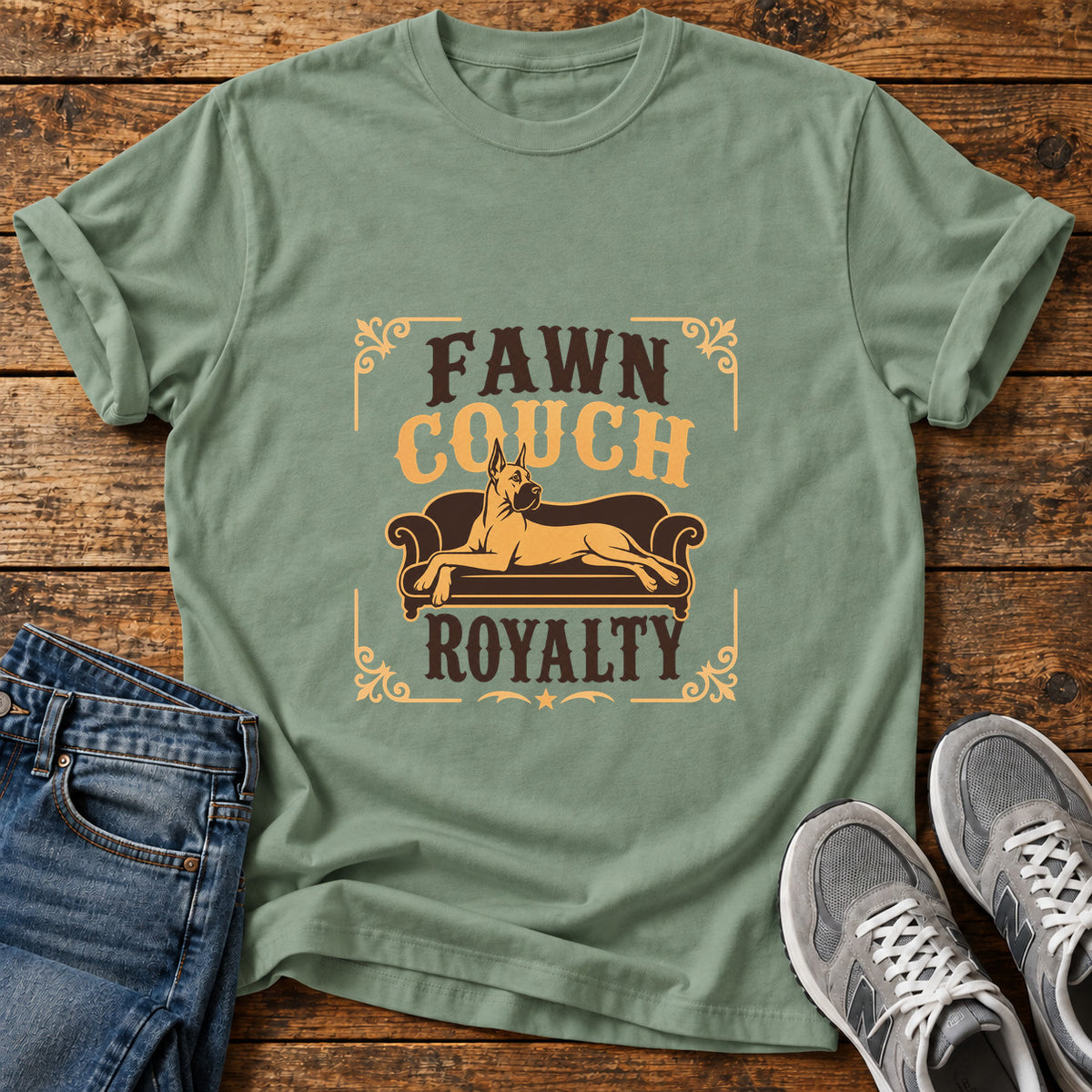 Fawn Couch Royalty Great Dane graphic T-shirt in Sage, shown on a flat-lay shirt mockup