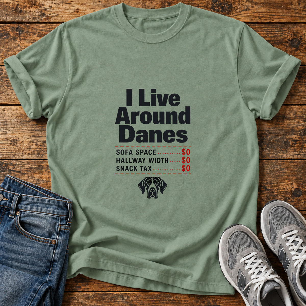 Live Around Danes Great Dane graphic T-shirt in Sage, shown on a flat-lay shirt mockup