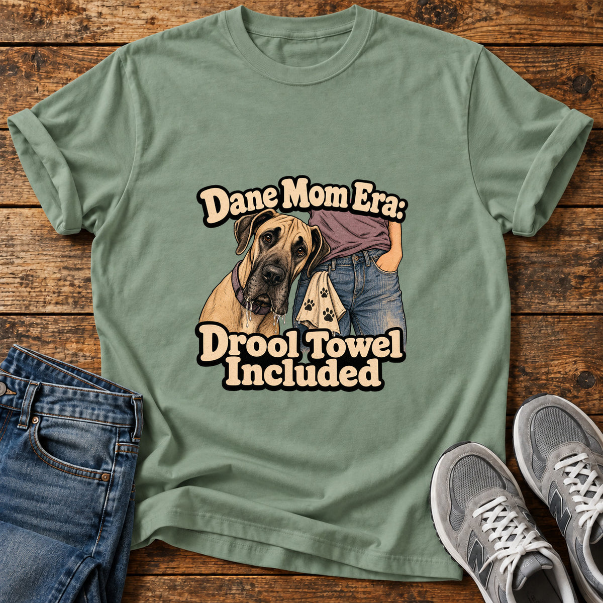Drool Towel Included Great Dane graphic T-shirt in Sage, shown on a flat-lay shirt mockup