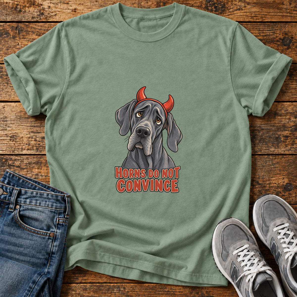 Horns Do Not Great Dane graphic T-shirt in Sage, shown on a flat-lay shirt mockup