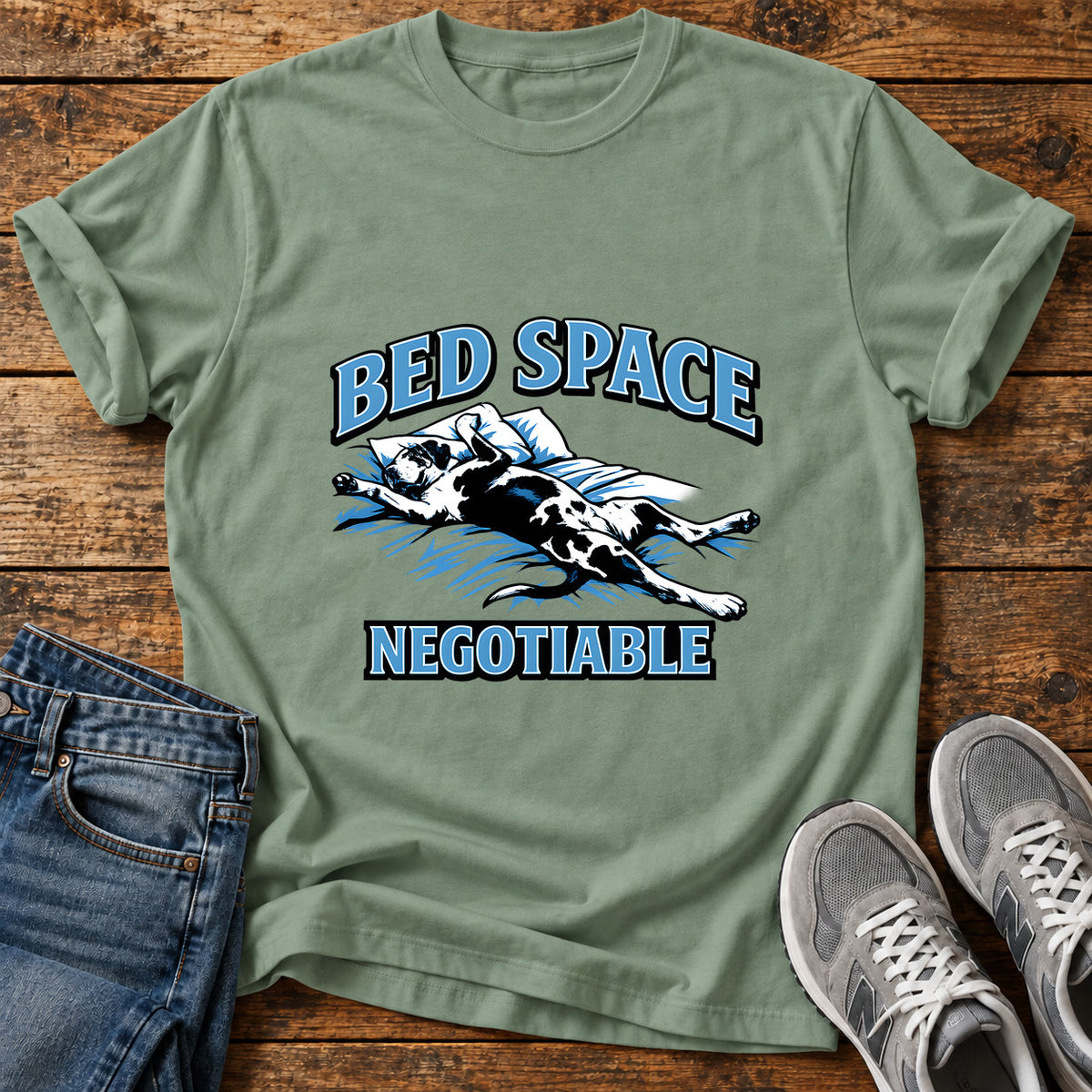 Bed Space Negotiable Great Dane graphic T-shirt in Sage, shown on a flat-lay shirt mockup