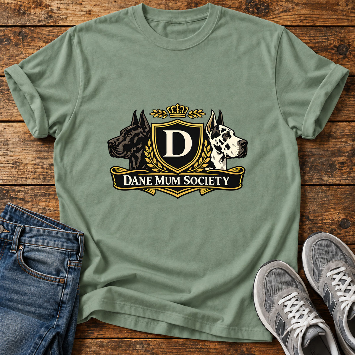Dane Mum Society Great Dane graphic T-shirt in Sage, shown on a flat-lay shirt mockup