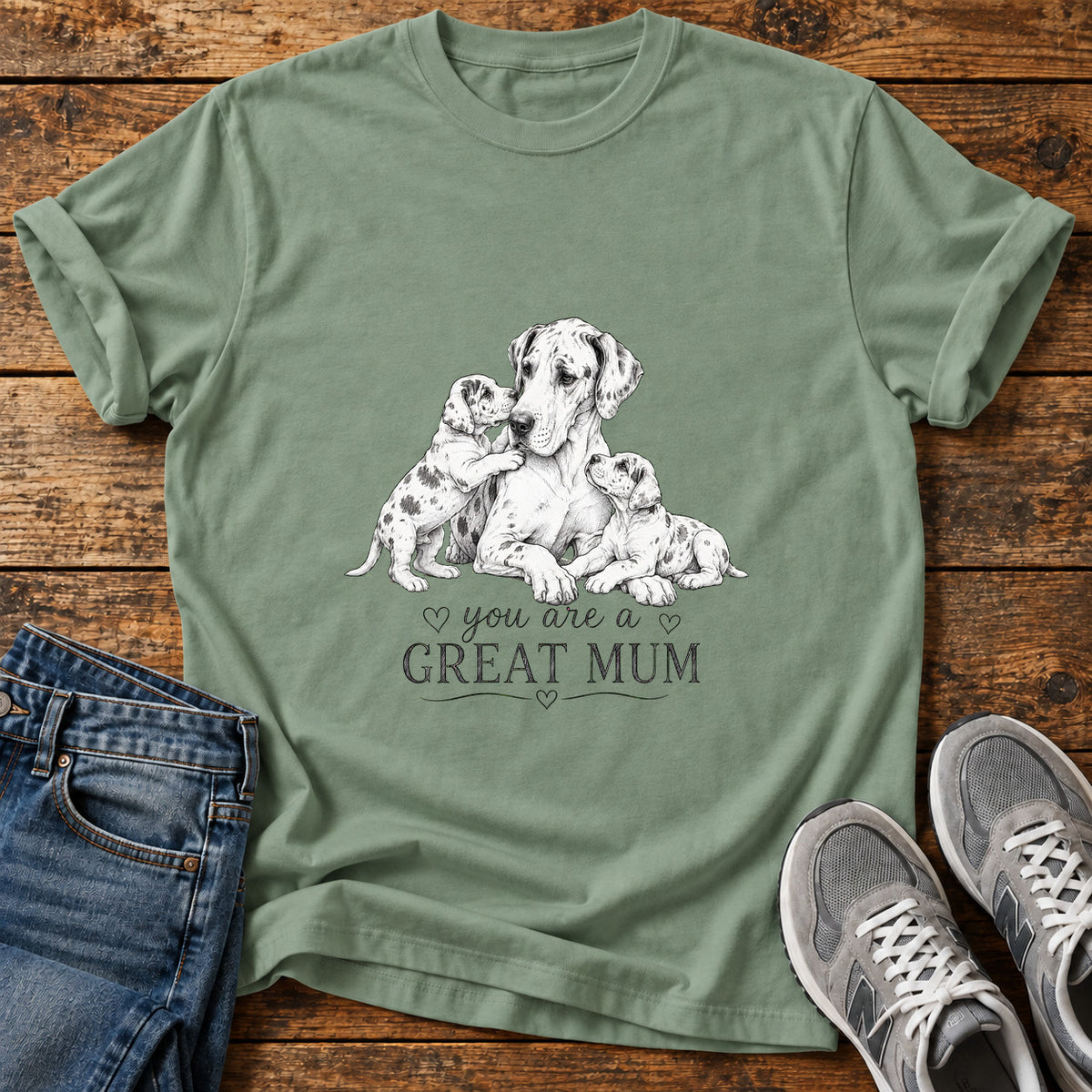 Great Mum Great Dane graphic T-shirt in Sage, shown on a flat-lay shirt mockup