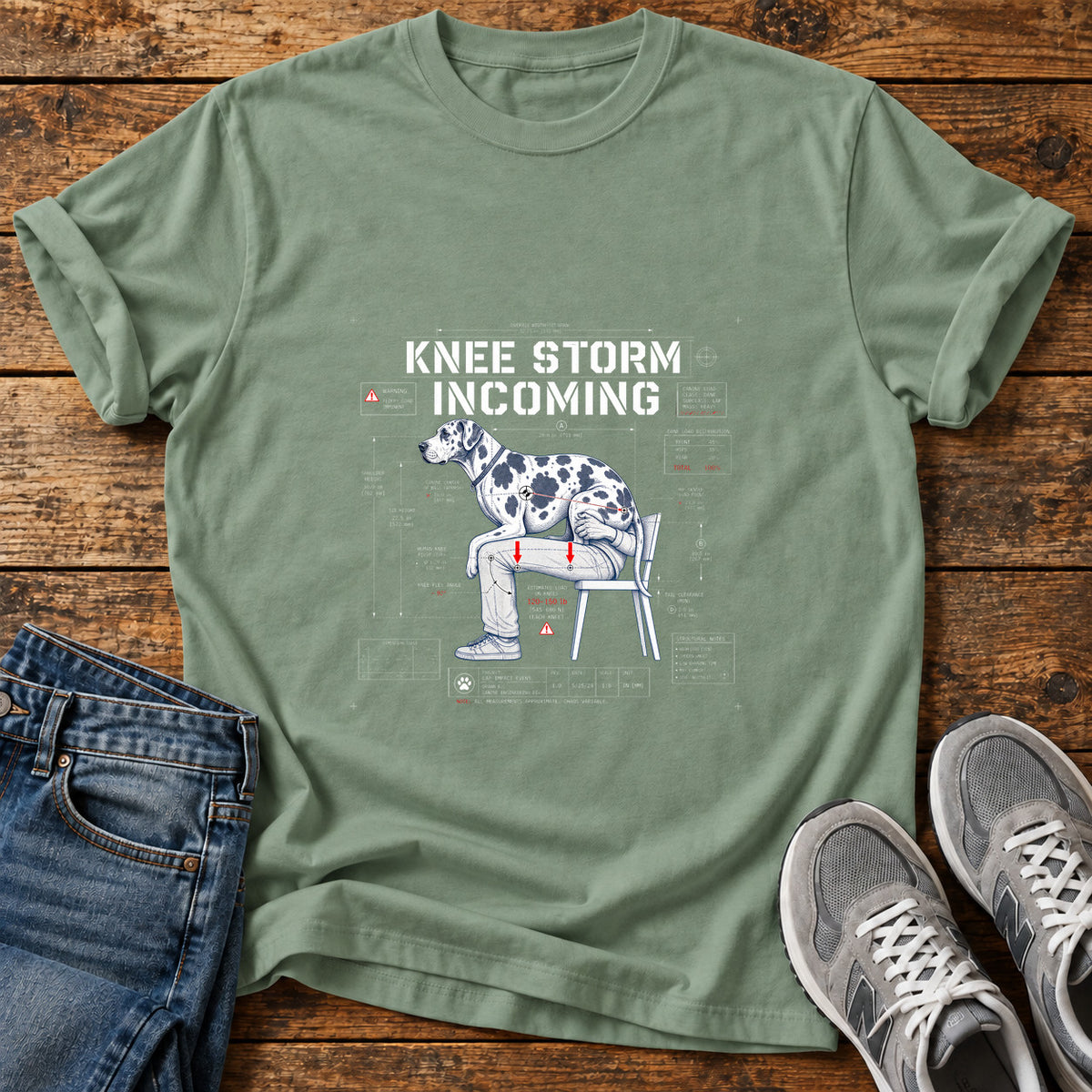 Knee Storm Incoming Great Dane graphic T-shirt in Sage, shown on a flat-lay shirt mockup