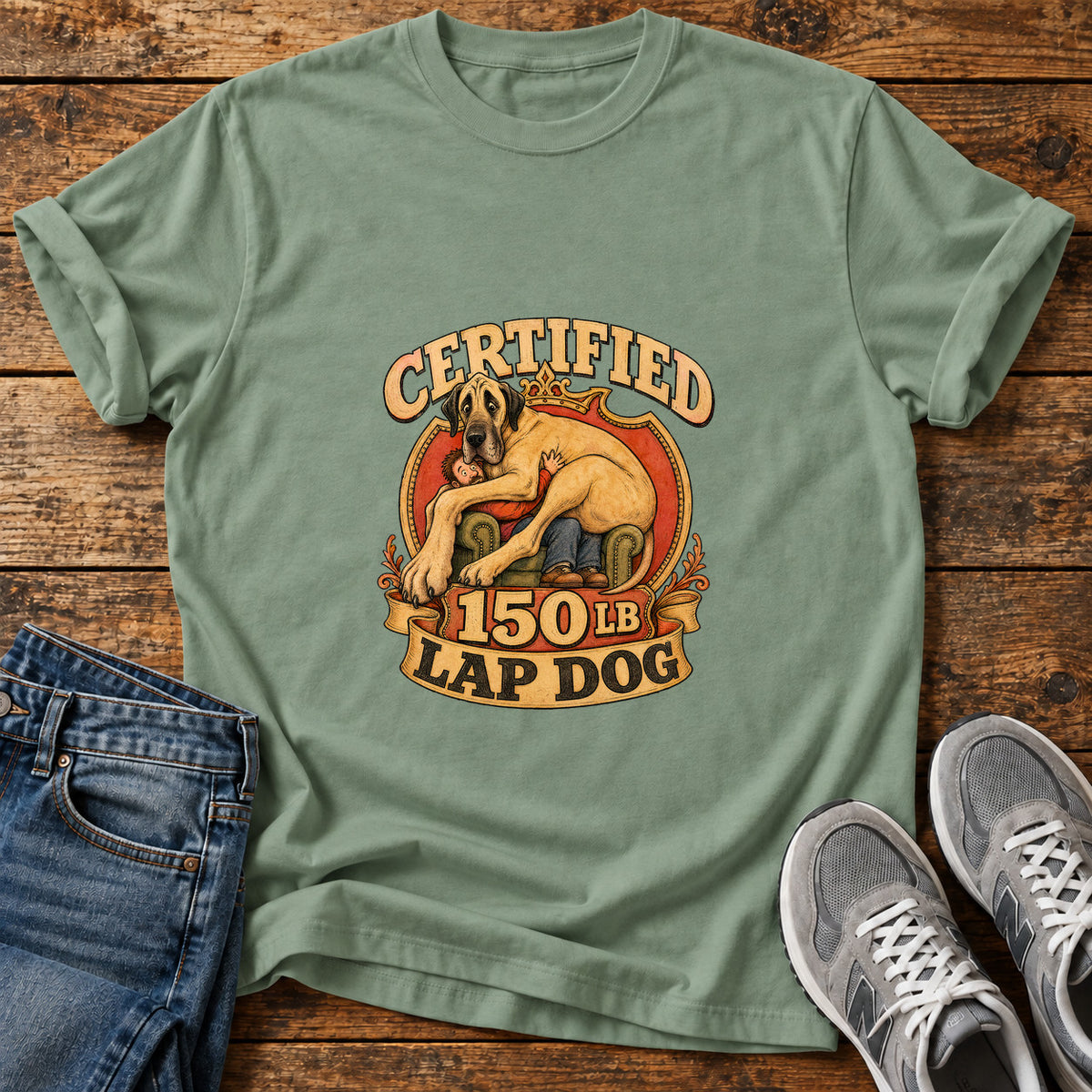 Certified Lap Dog Great Dane graphic T-shirt in Sage, shown on a flat-lay shirt mockup