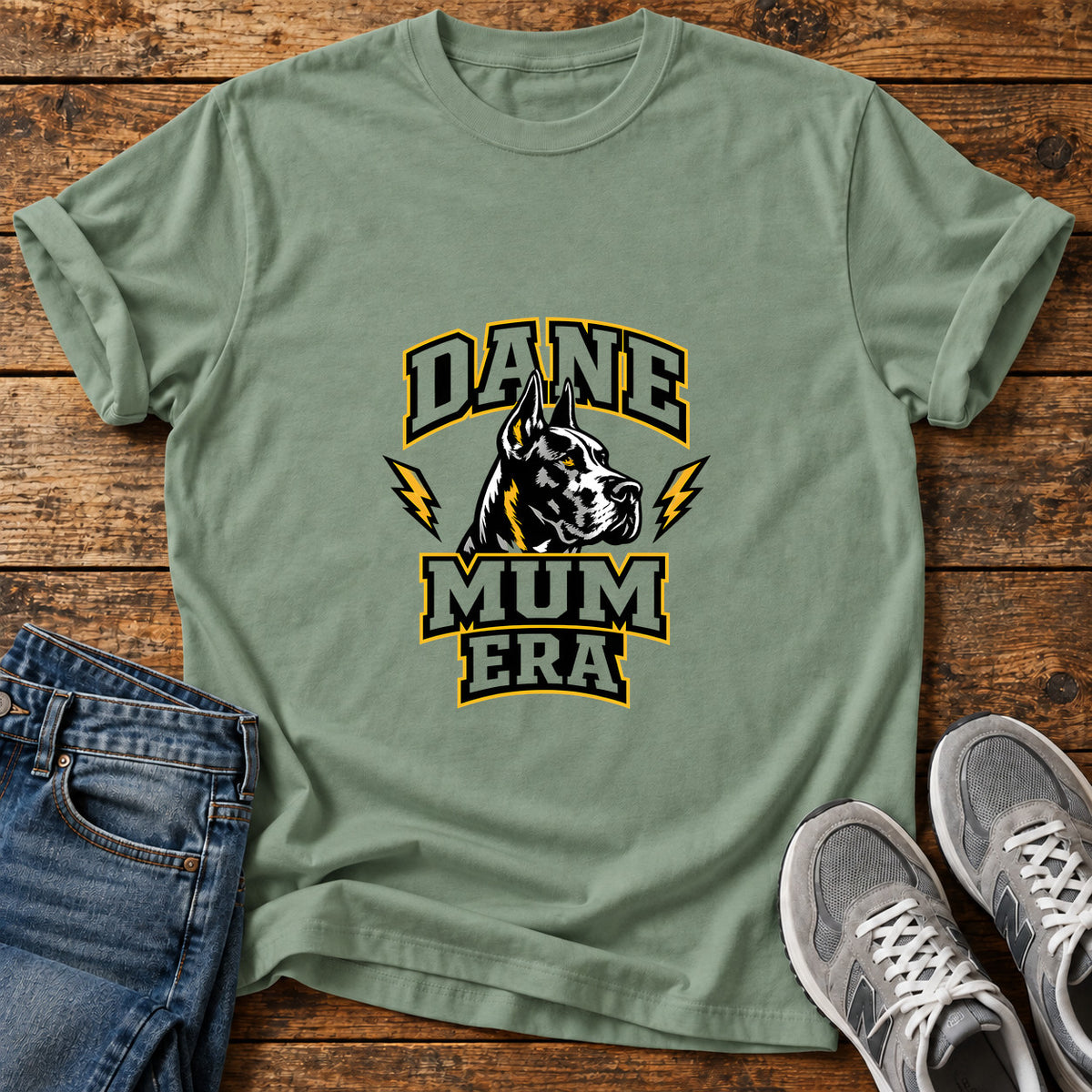 Dane Mum Era Great Dane graphic T-shirt in Sage, shown on a flat-lay shirt mockup