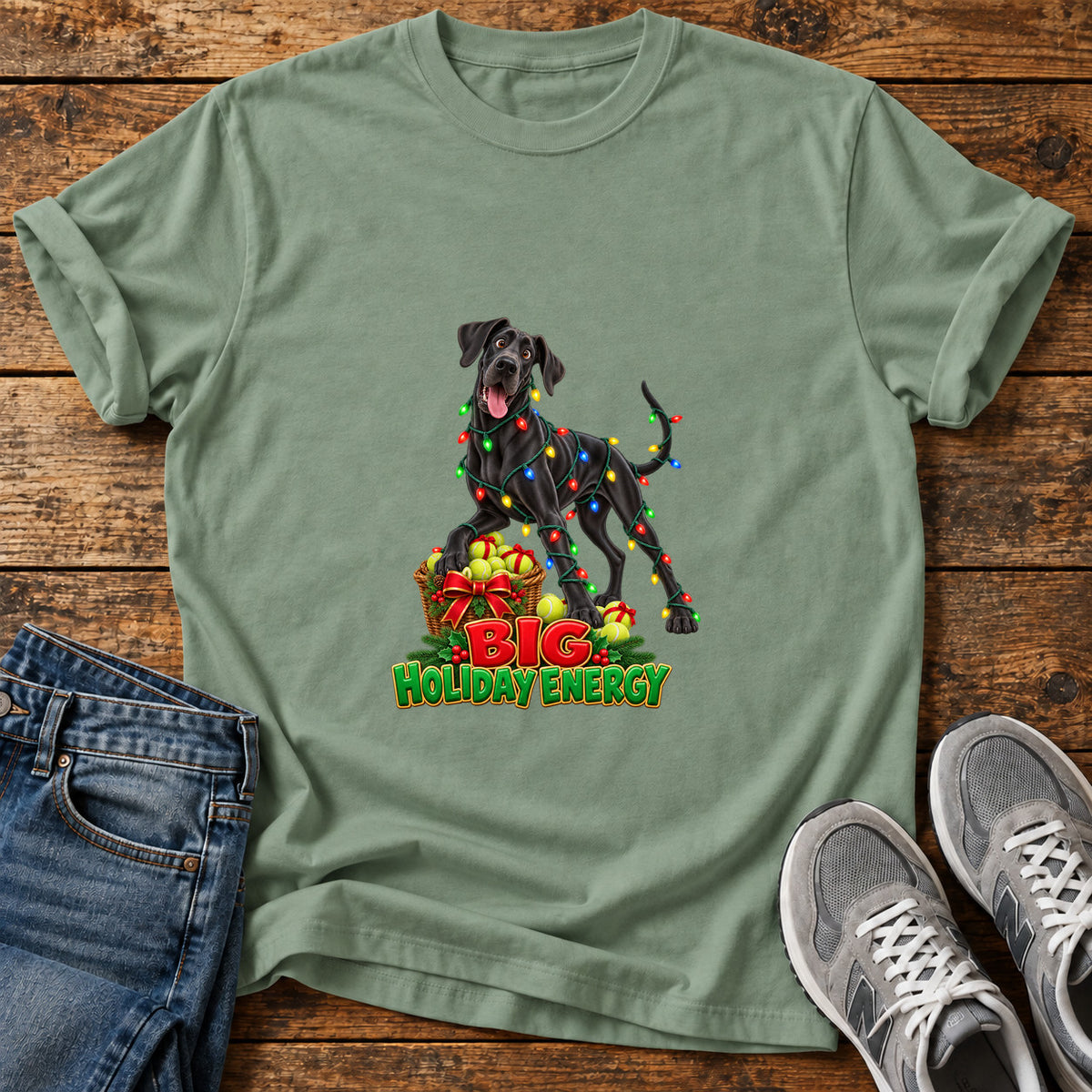 Big Holiday Energy Great Dane graphic T-shirt in Sage, shown on a flat-lay shirt mockup