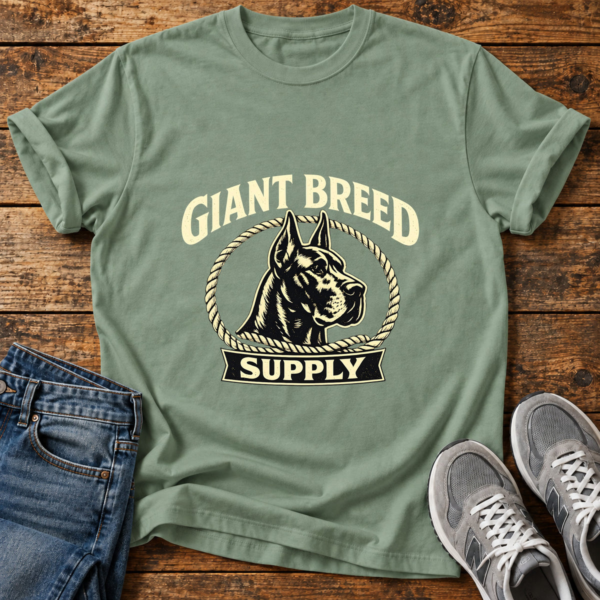 Giant Breed Supply Great Dane graphic T-shirt in Sage, shown on a flat-lay shirt mockup
