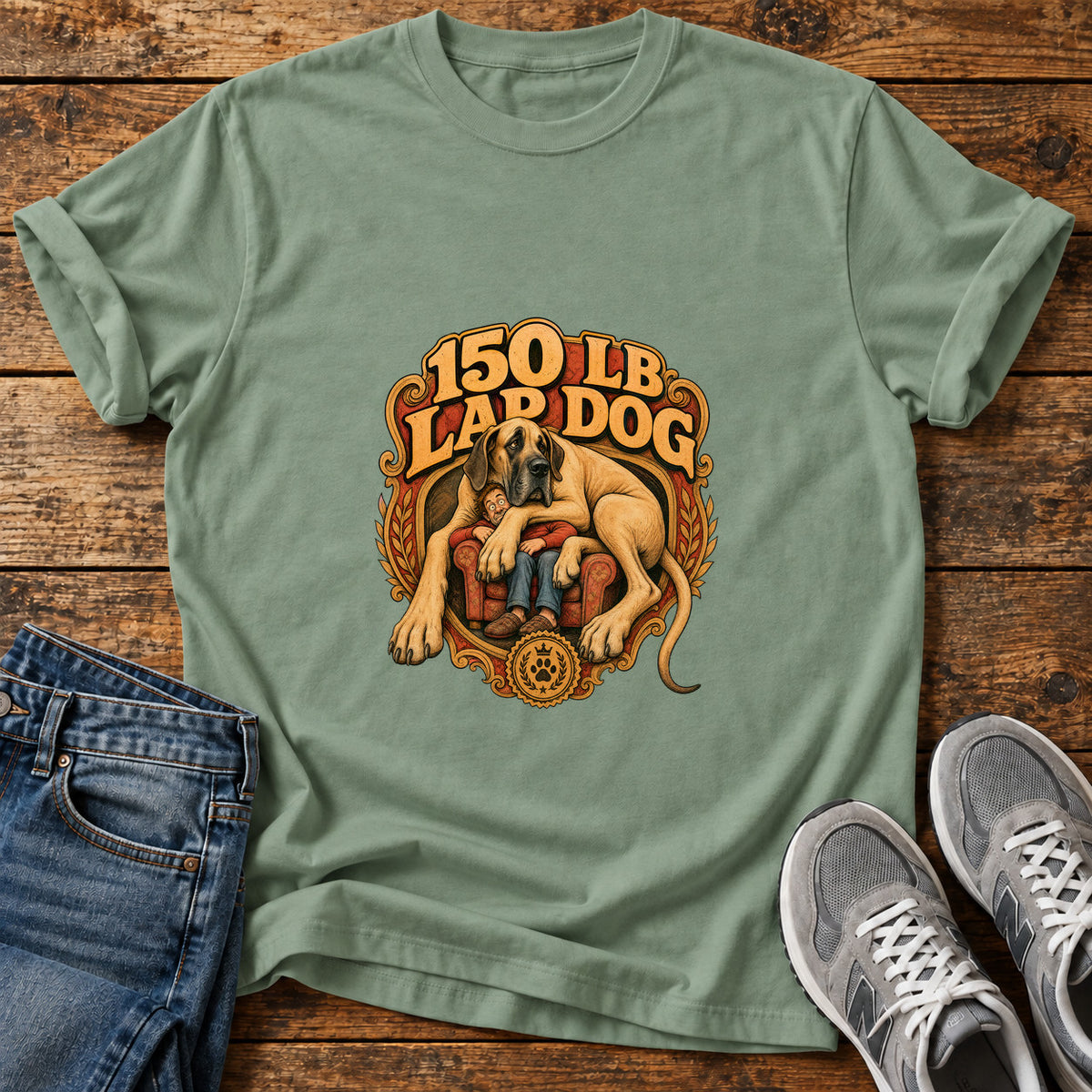150 Lb Lapdog Great Dane graphic T-shirt in Sage, shown on a flat-lay shirt mockup