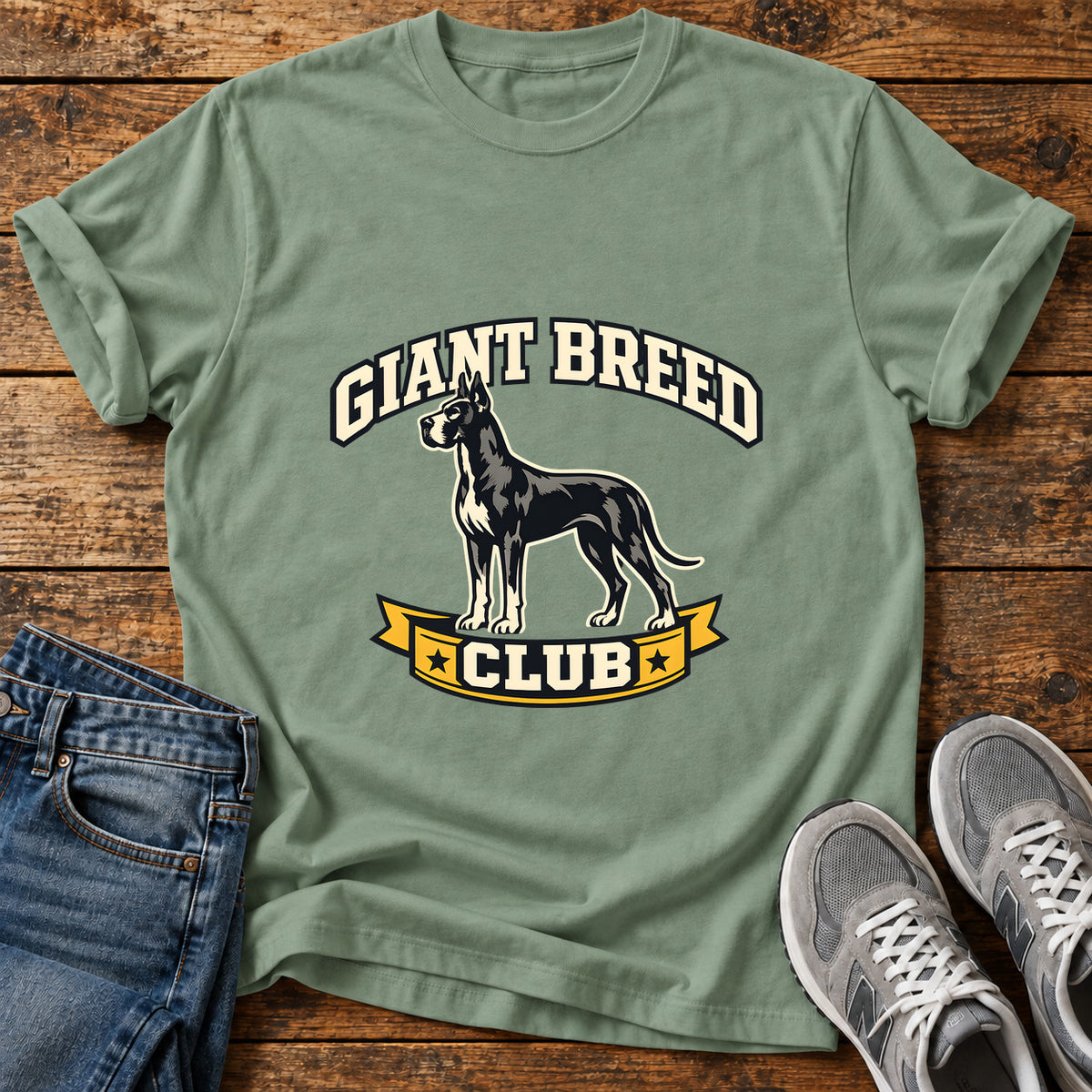 Giant Breed Club Great Dane graphic T-shirt in Sage, shown on a flat-lay shirt mockup