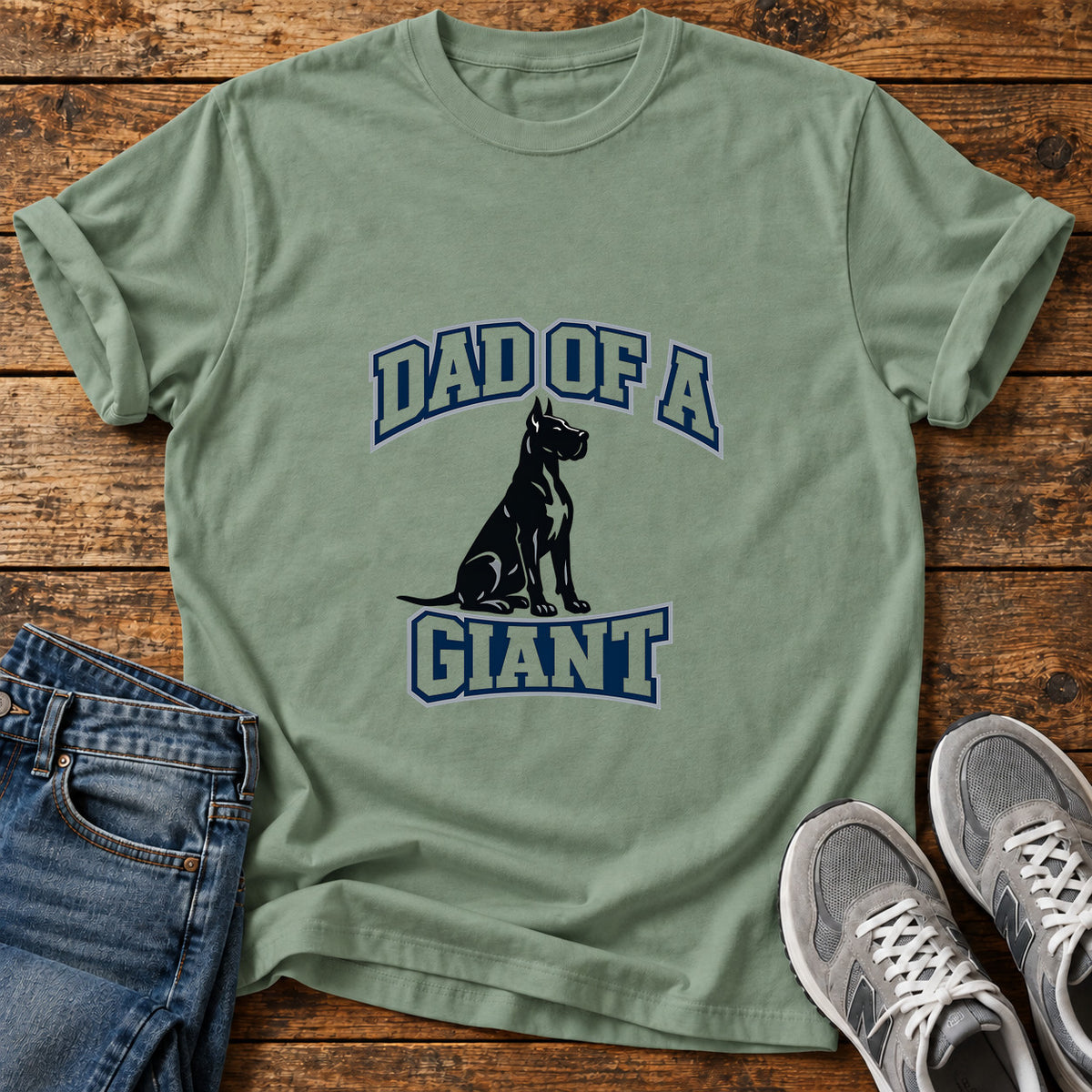 Dad Of Giant Great Dane graphic T-shirt in Sage, shown on a flat-lay shirt mockup