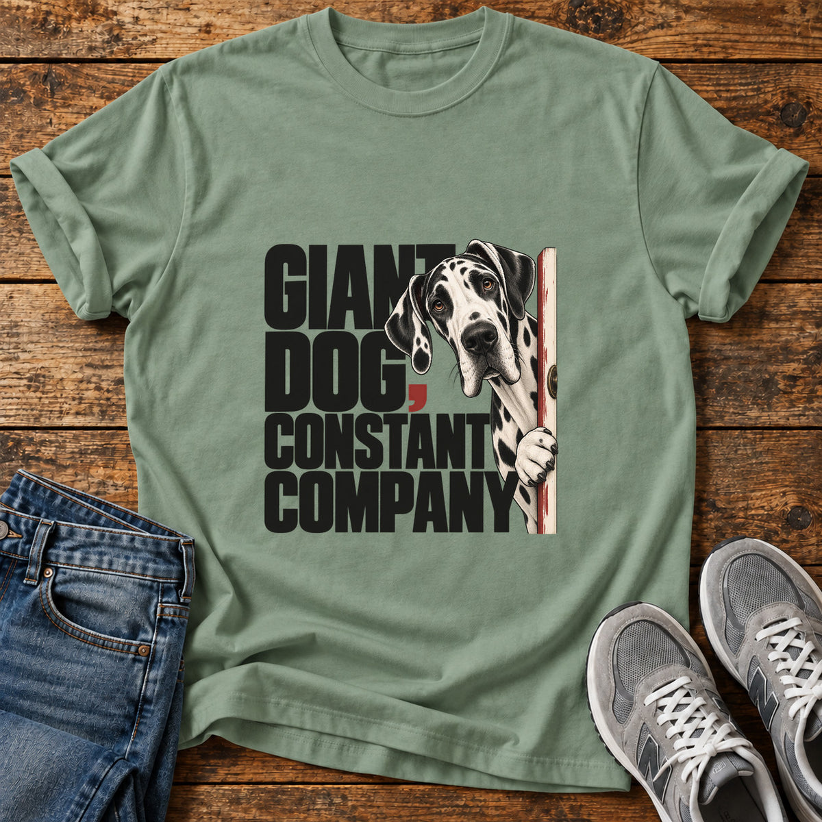 Giant Dog Company Great Dane graphic T-shirt in Sage, shown on a flat-lay shirt mockup