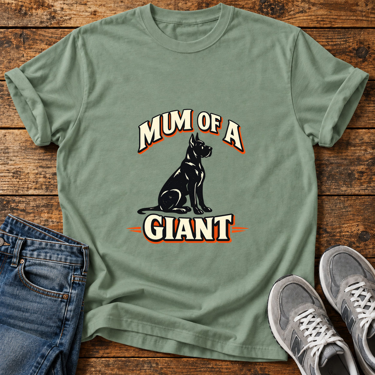Mum Of Giant Great Dane graphic T-shirt in Sage, shown on a flat-lay shirt mockup