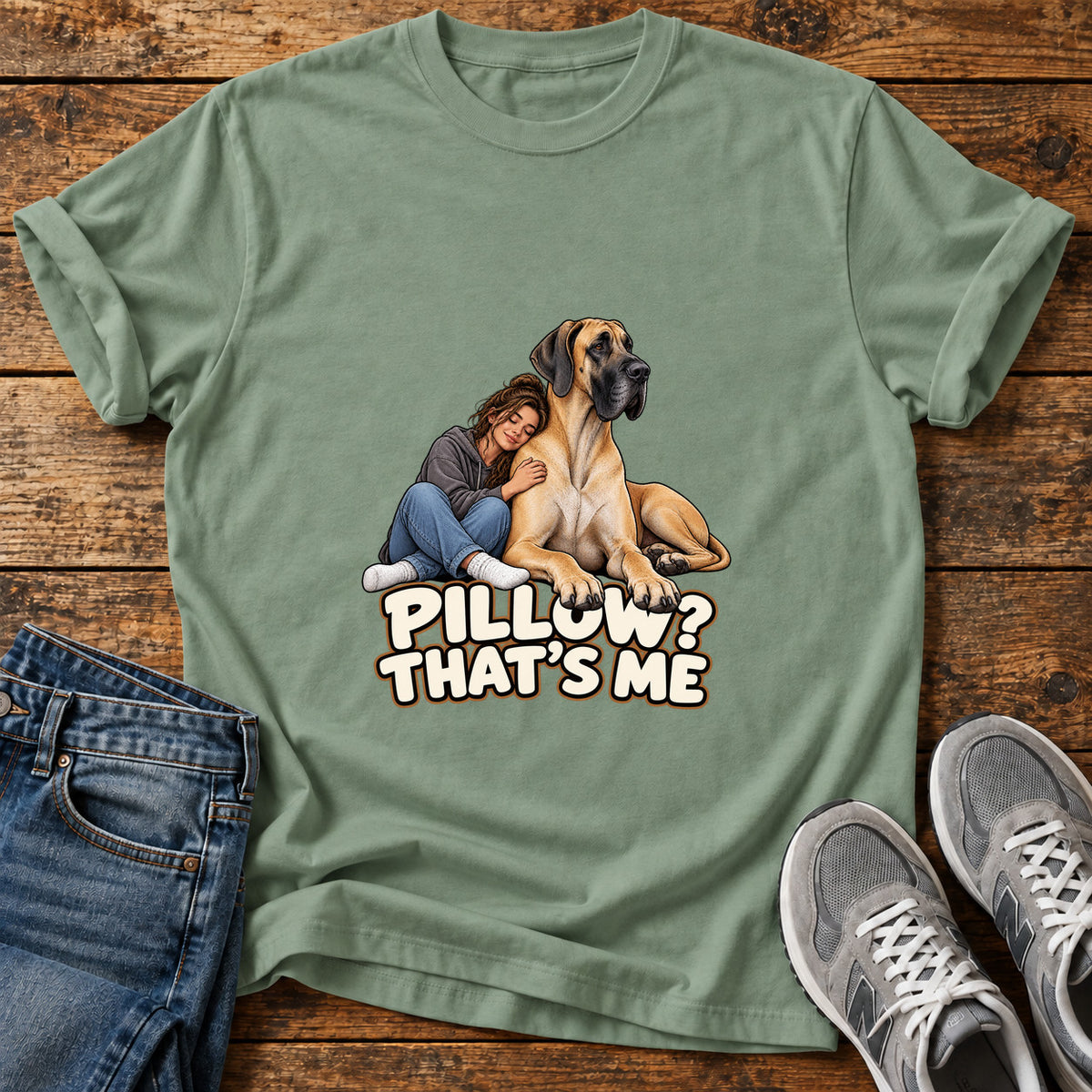 Pillow That's Me Great Dane graphic T-shirt in Sage, shown on a flat-lay shirt mockup