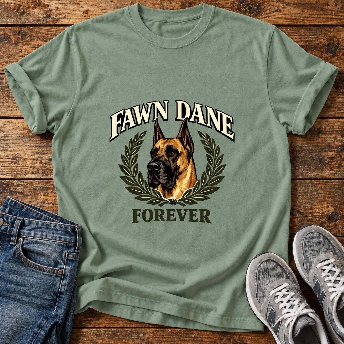 Fawn Dane Forever Great Dane graphic T-shirt in Sage, shown on a flat-lay shirt mockup