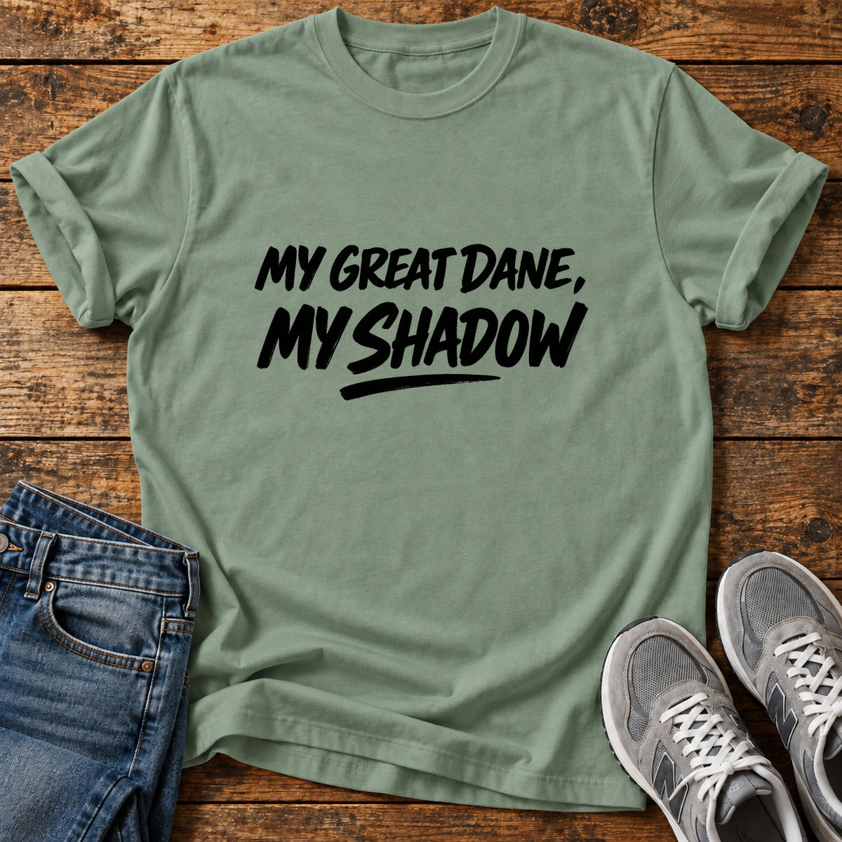 Great Dane Shadow graphic T-shirt in Sage, shown on a flat-lay shirt mockup