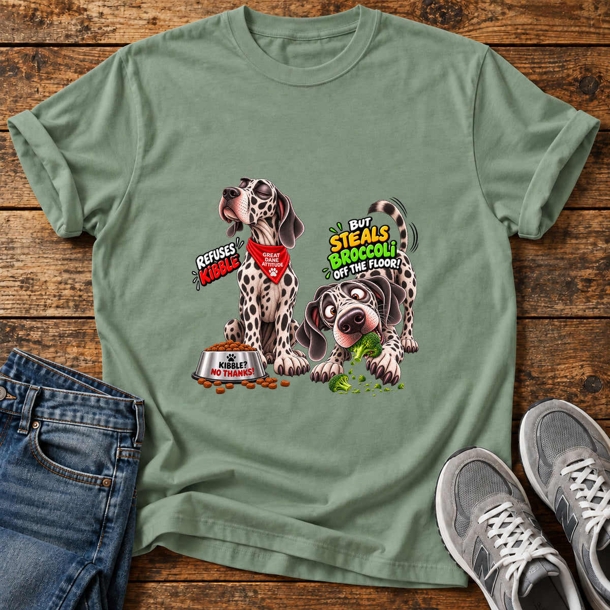 Great Dane Kibble graphic T-shirt in Sage, shown on a flat-lay shirt mockup