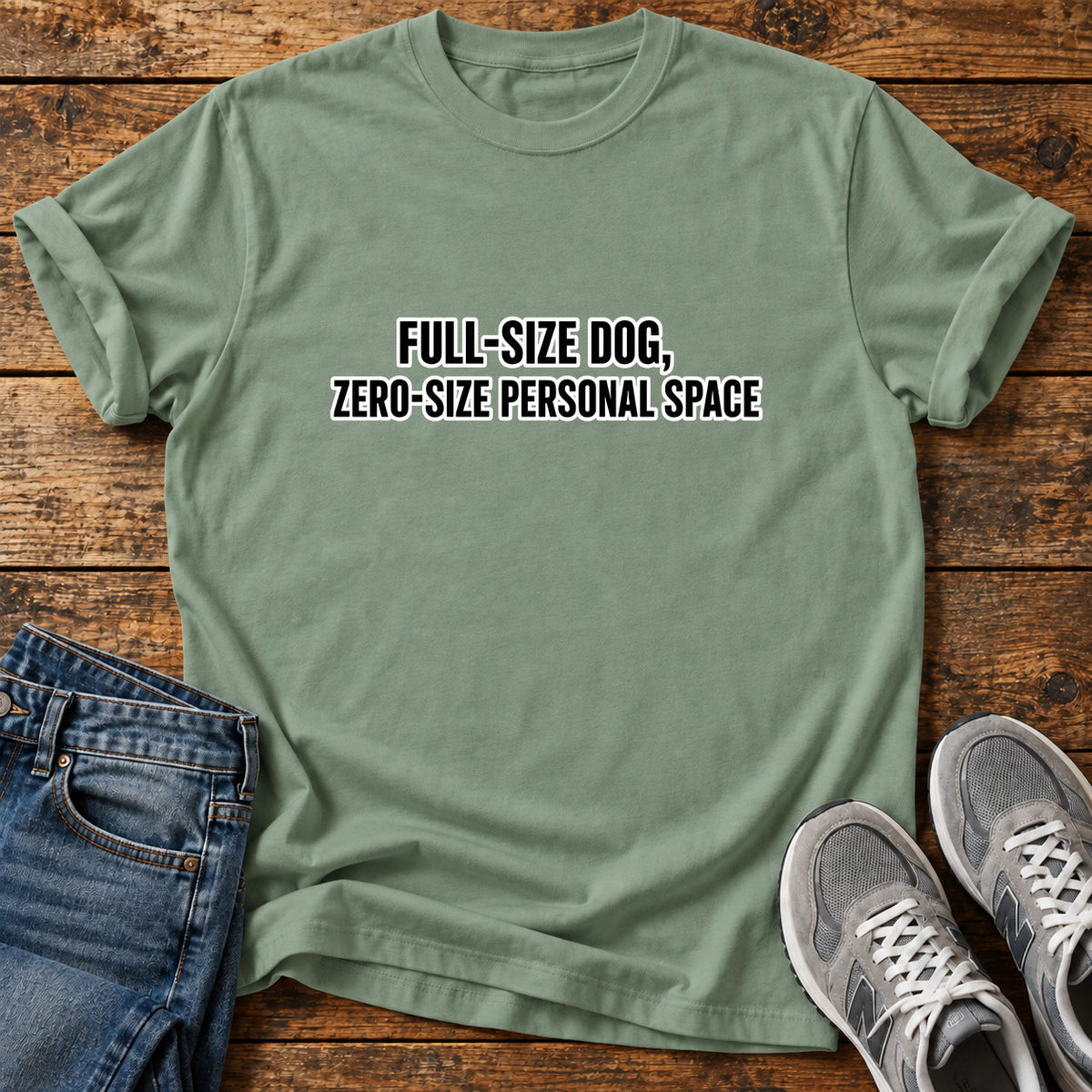 Full-Size Dog Great Dane graphic T-shirt in Sage, shown on a flat-lay shirt mockup