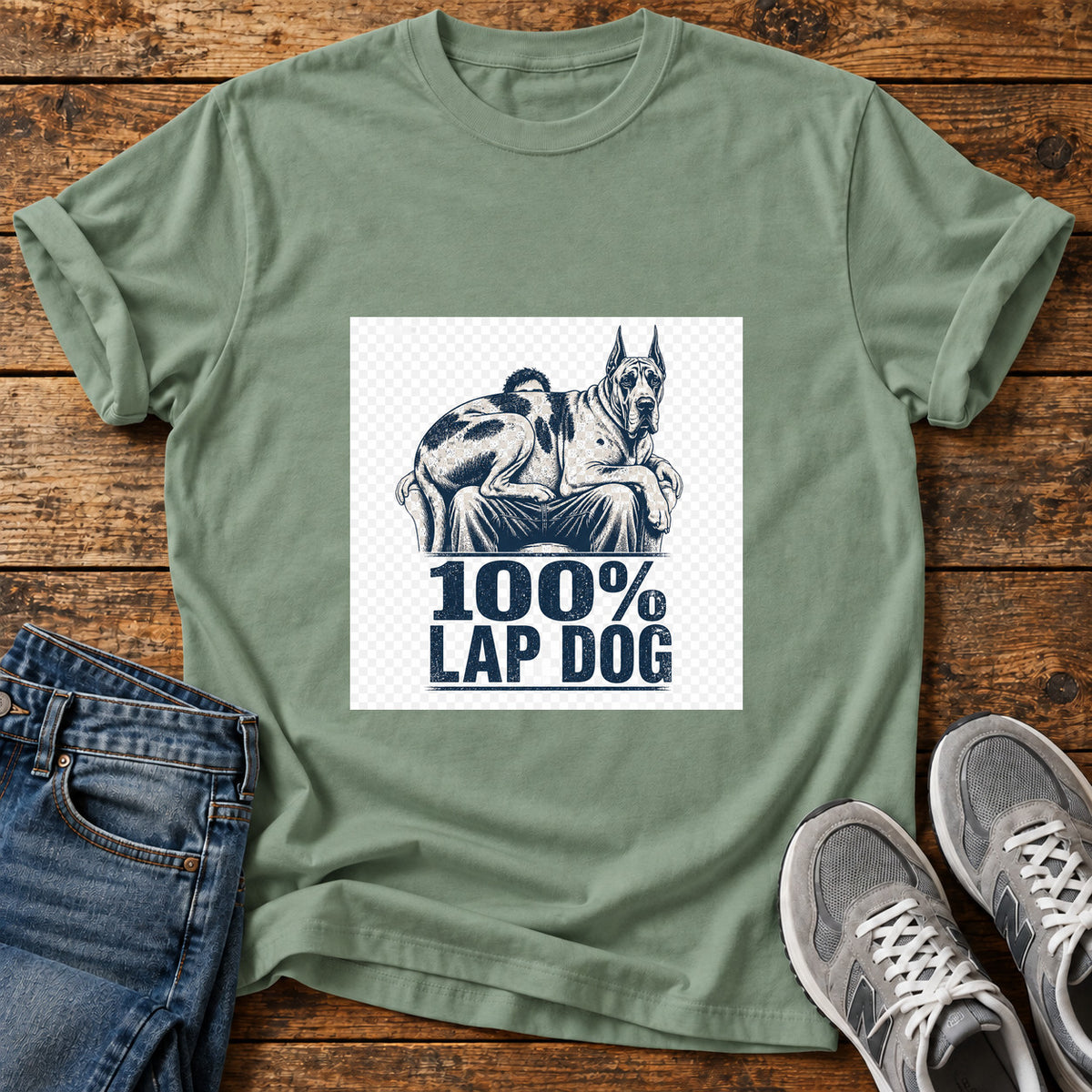100% Lap Dog Great Dane graphic T-shirt in Sage, shown on a flat-lay shirt mockup