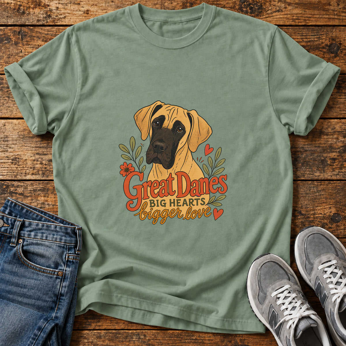 Great Danes Love graphic T-shirt in Sage, shown on a flat-lay shirt mockup