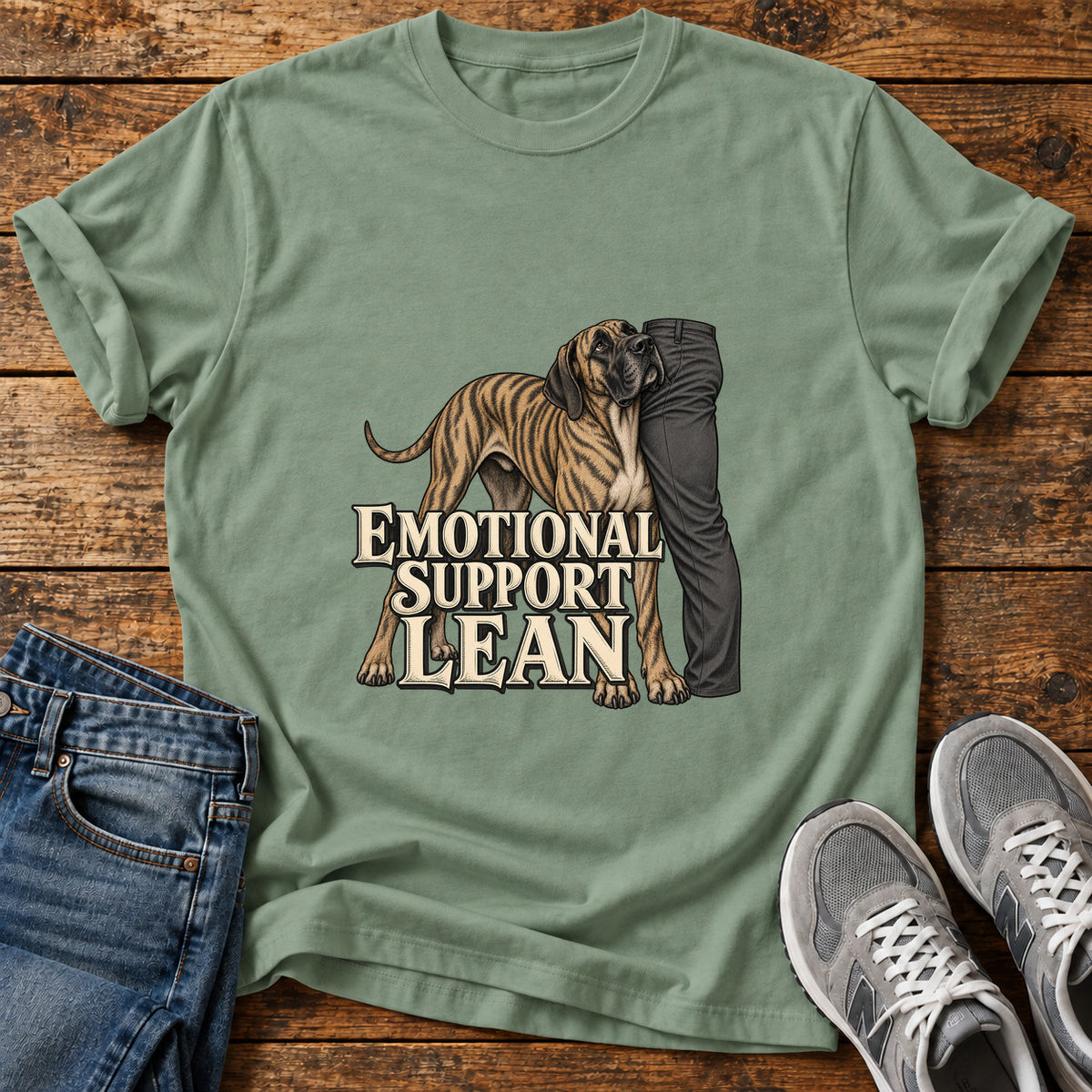 Emotional Support Lean Great Dane graphic T-shirt in Sage, shown on a flat-lay shirt mockup
