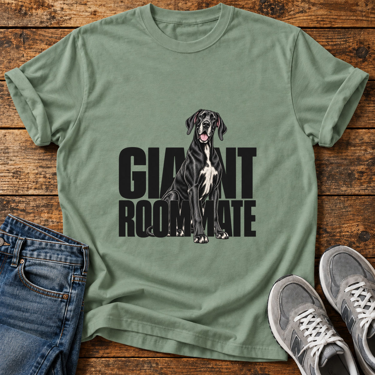 Giant Roommate Great Dane graphic T-shirt in Sage, shown on a flat-lay shirt mockup
