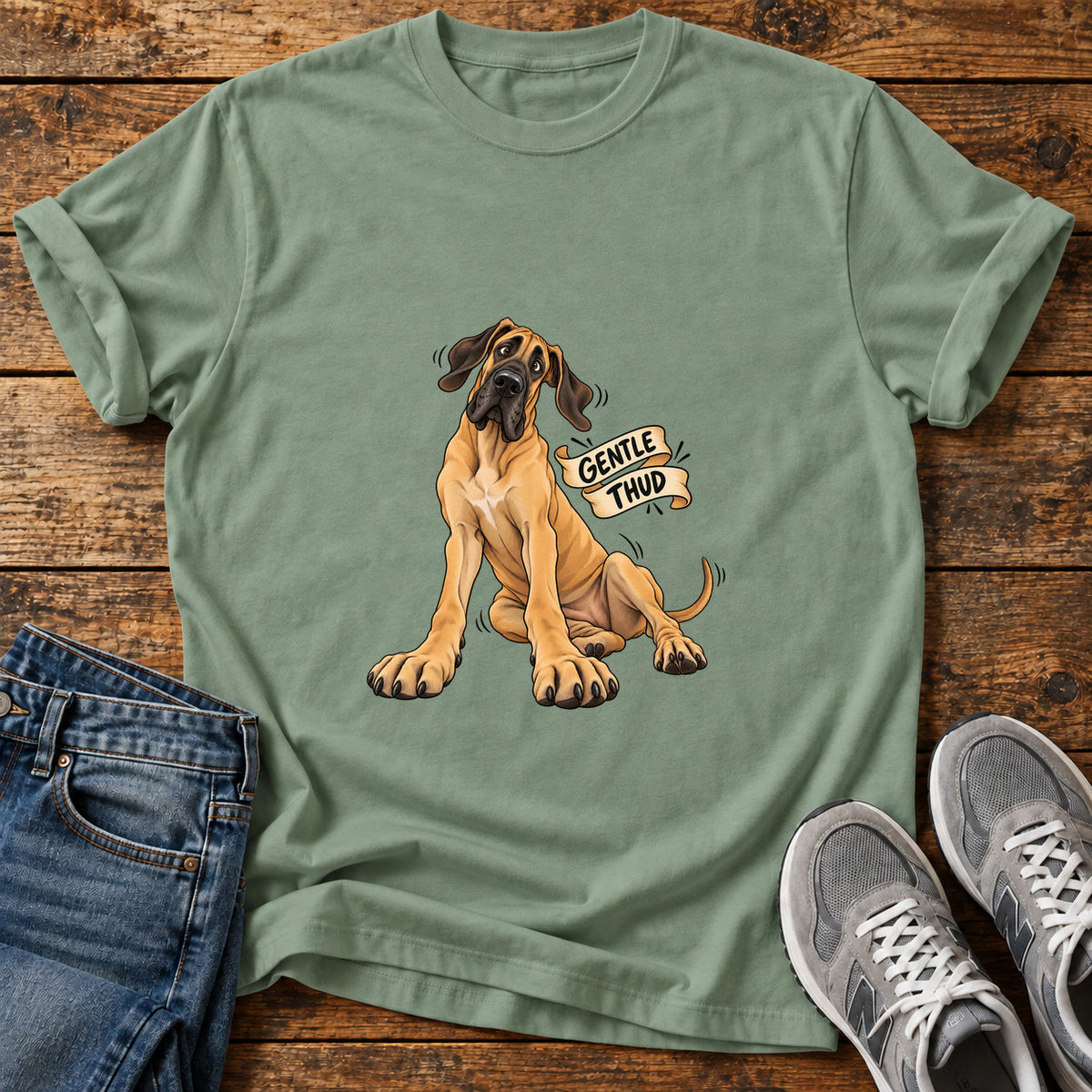 Gentle Thud Great Dane graphic T-shirt in Sage, shown on a flat-lay shirt mockup