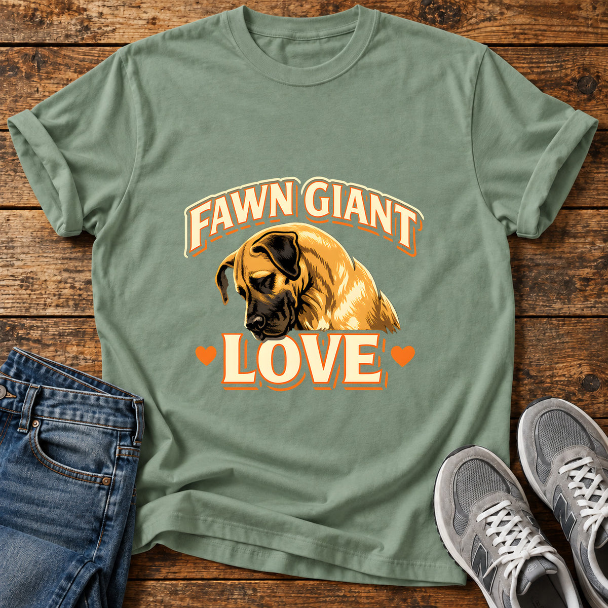 Fawn Giant Love Great Dane graphic T-shirt in Sage, shown on a flat-lay shirt mockup