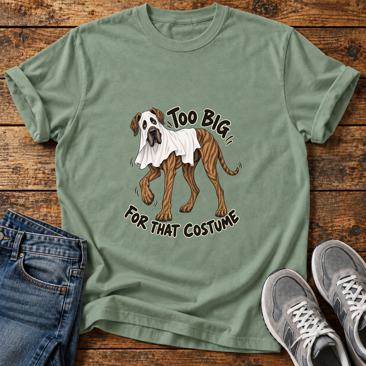 Too Big Costume Great Dane graphic T-shirt in Sage, shown on a flat-lay shirt mockup