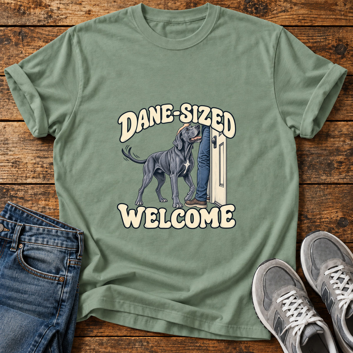 Dane-Sized Welcome Great Dane graphic T-shirt in Sage, shown on a flat-lay shirt mockup