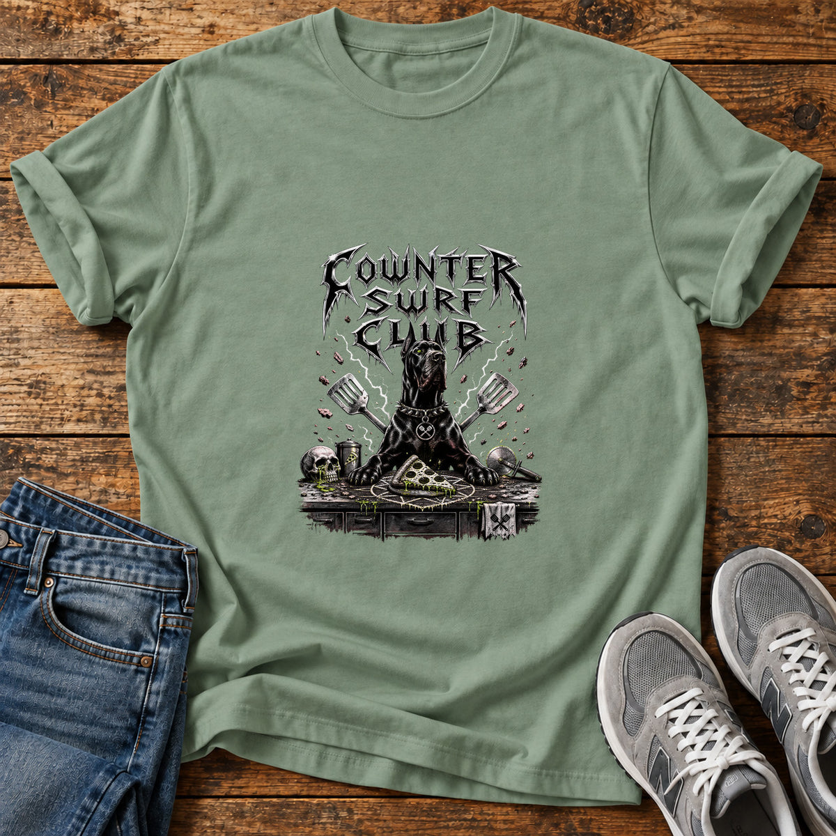 Counter Surf Club Great Dane graphic T-shirt in Sage, shown on a flat-lay shirt mockup
