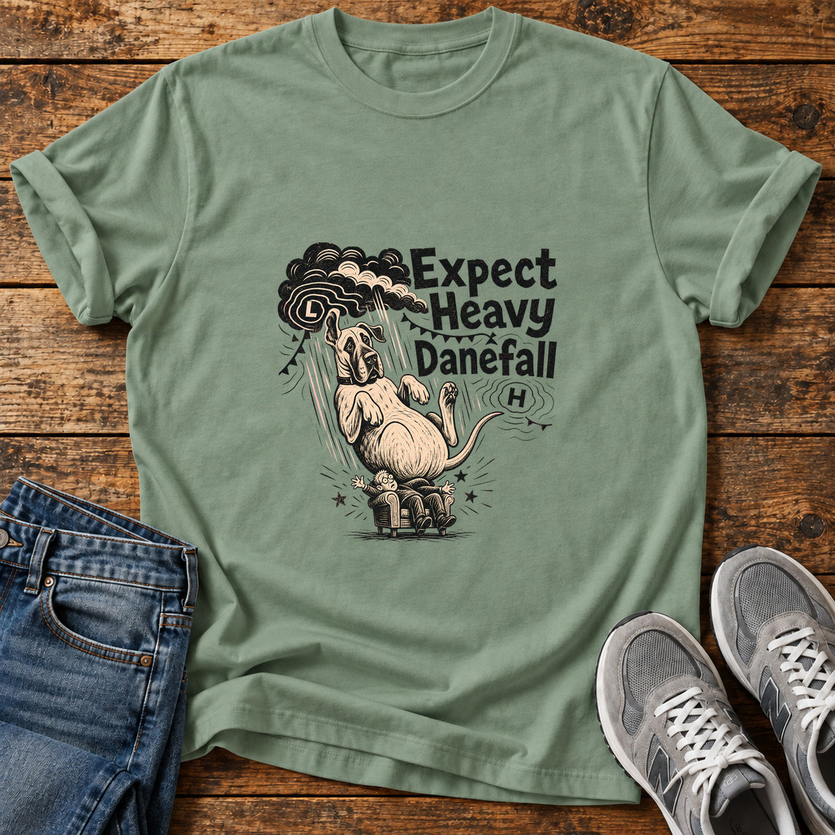Expect Danefall Great Dane graphic T-shirt in Sage, shown on a flat-lay shirt mockup