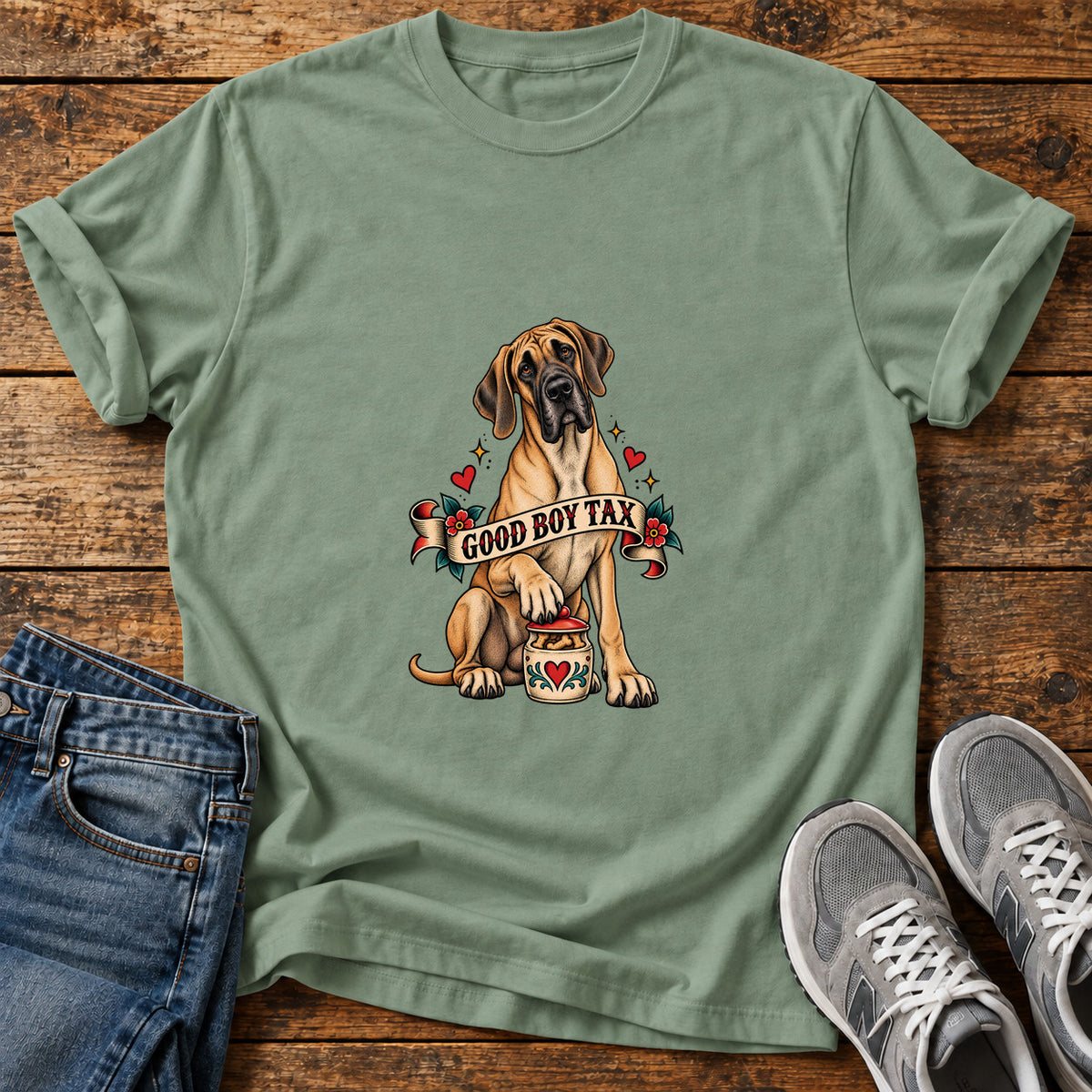 Good Boy Tax Great Dane graphic T-shirt in Sage, shown on a flat-lay shirt mockup