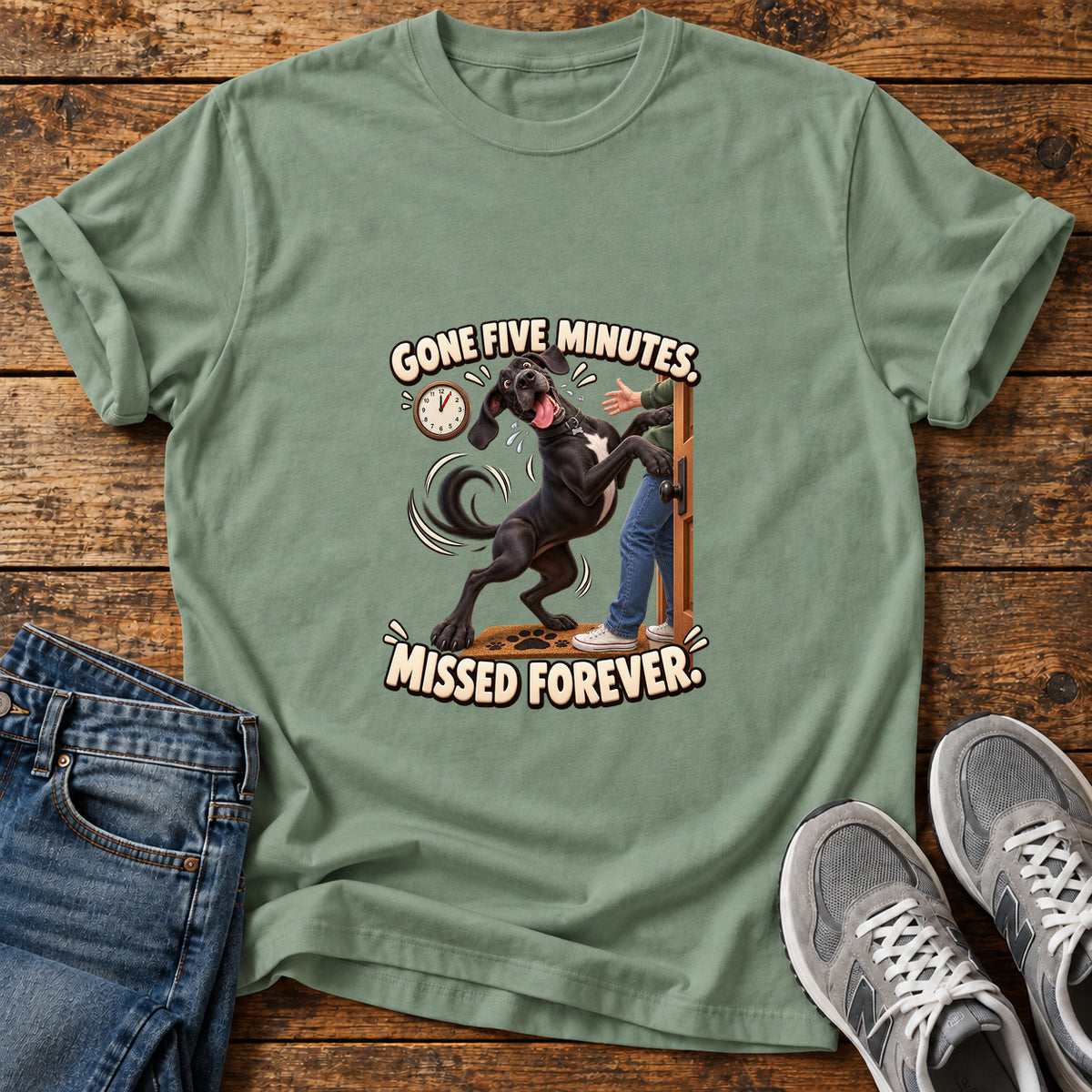 Gone Five Minutes Great Dane graphic T-shirt in Sage, shown on a flat-lay shirt mockup