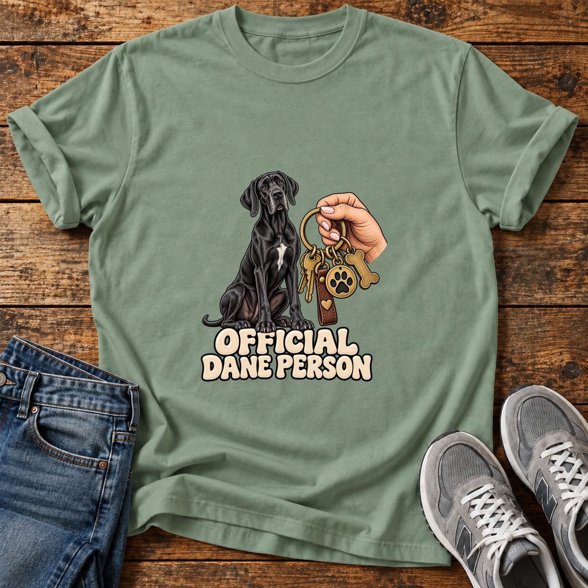 Official Dane Person Great Dane graphic T-shirt in Sage, shown on a flat-lay shirt mockup