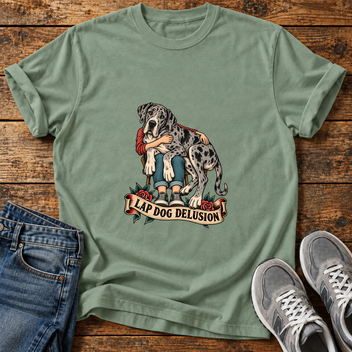 Lap Dog Delusion Great Dane graphic T-shirt in Sage, shown on a flat-lay shirt mockup