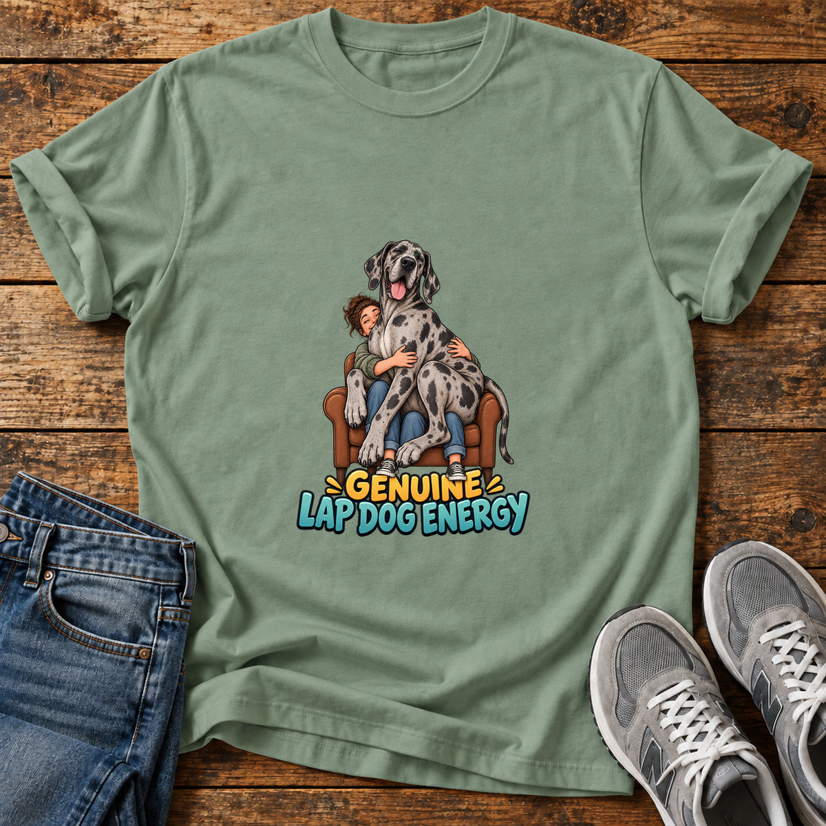 Genuine Lap Dog Great Dane graphic T-shirt in Sage, shown on a flat-lay shirt mockup