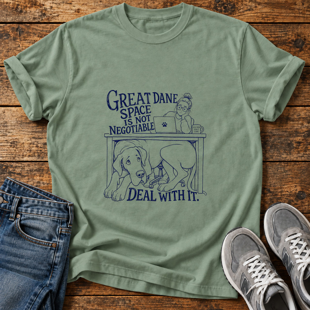 Great Dane Space graphic T-shirt in Sage, shown on a flat-lay shirt mockup