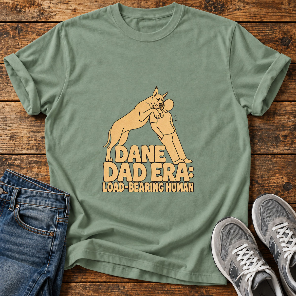 Dane Dad Era Great Dane graphic T-shirt in Sage, shown on a flat-lay shirt mockup