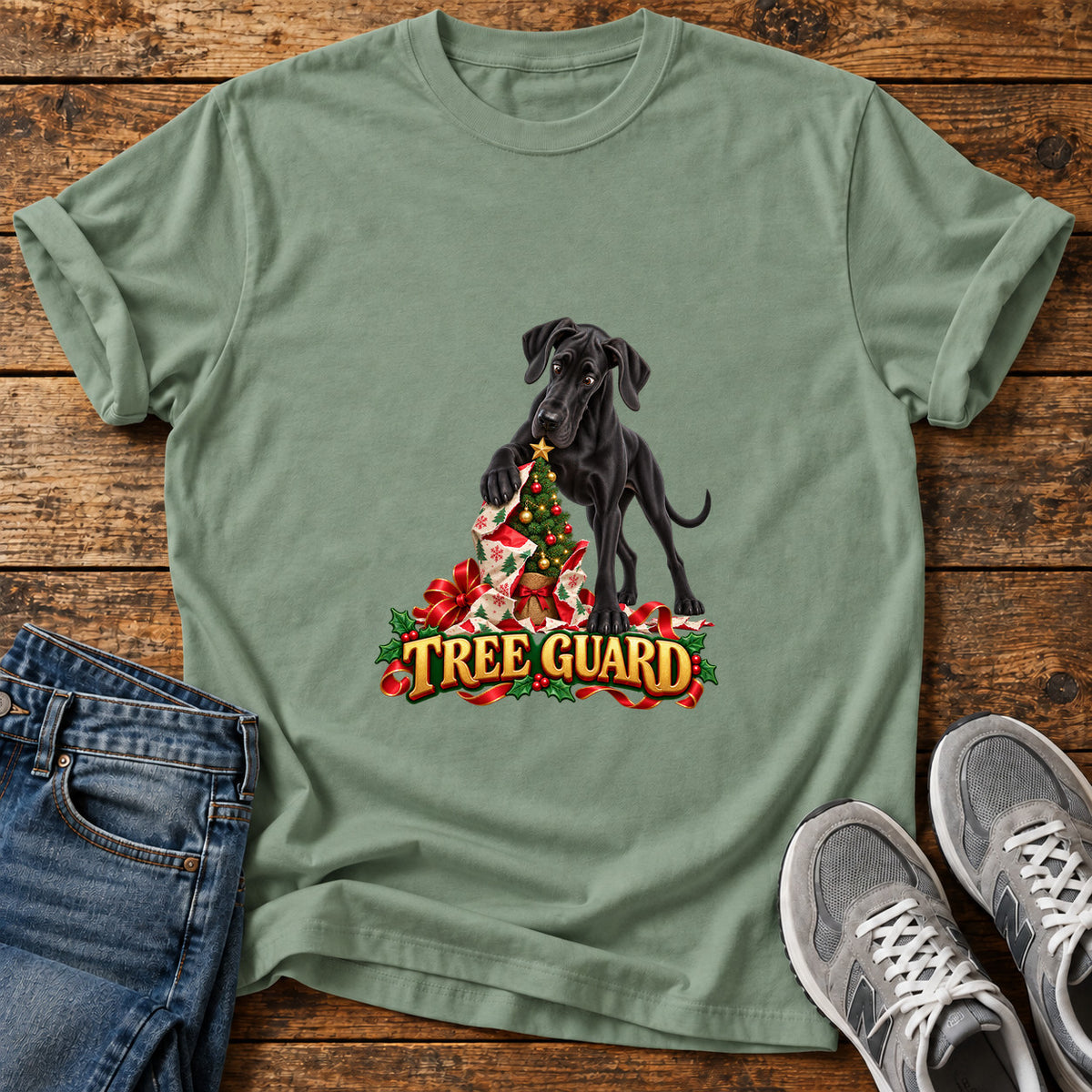 Tree Guard Great Dane graphic T-shirt in Sage, shown on a flat-lay shirt mockup