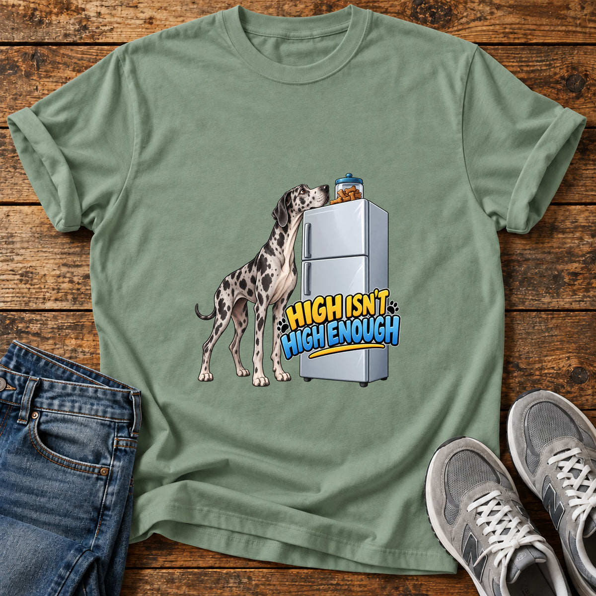 High Isn't Enough Great Dane graphic T-shirt in Sage, shown on a flat-lay shirt mockup