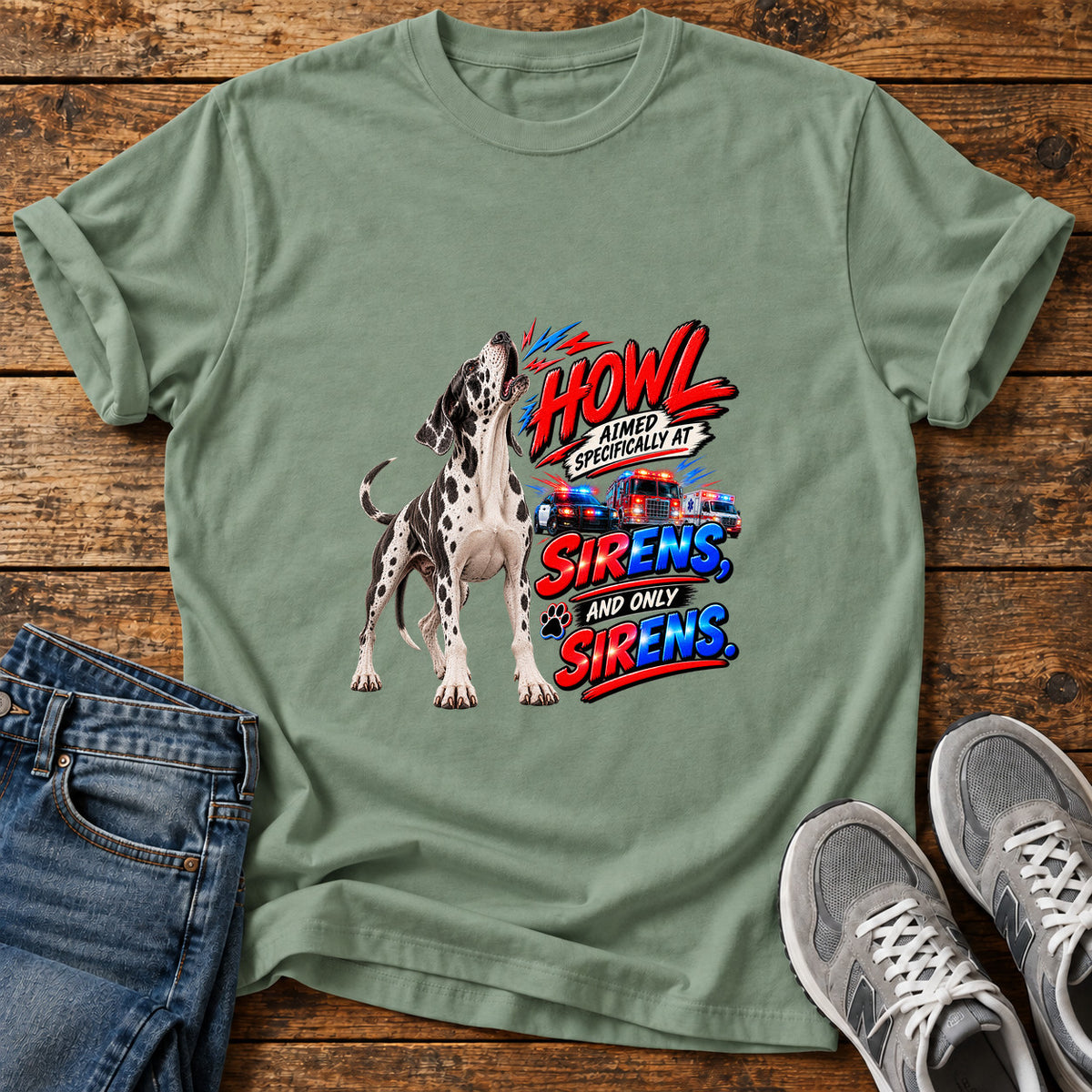 Howl At Sirens Great Dane graphic T-shirt in Sage, shown on a flat-lay shirt mockup