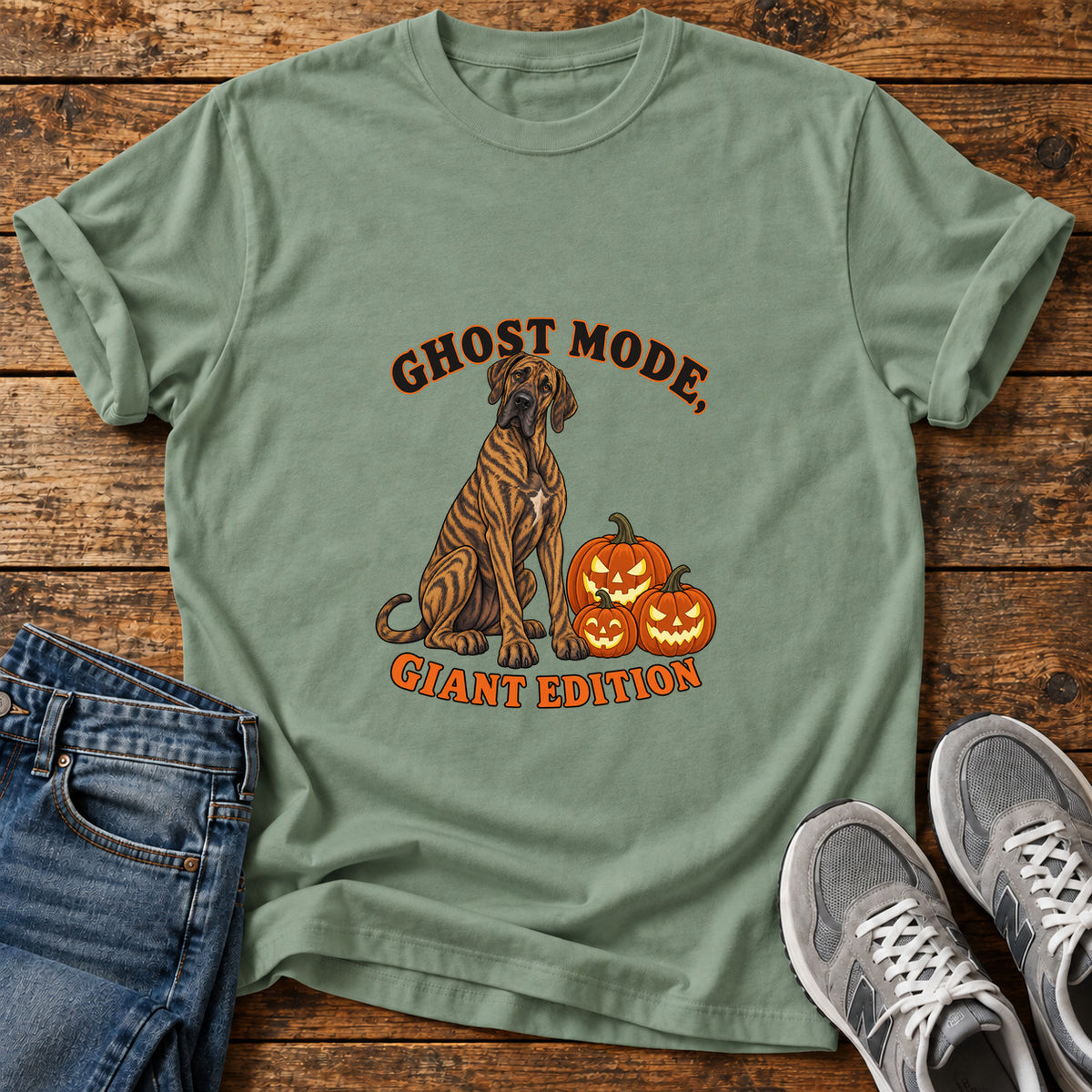 Ghost Mode Giant Great Dane graphic T-shirt in Sage, shown on a flat-lay shirt mockup