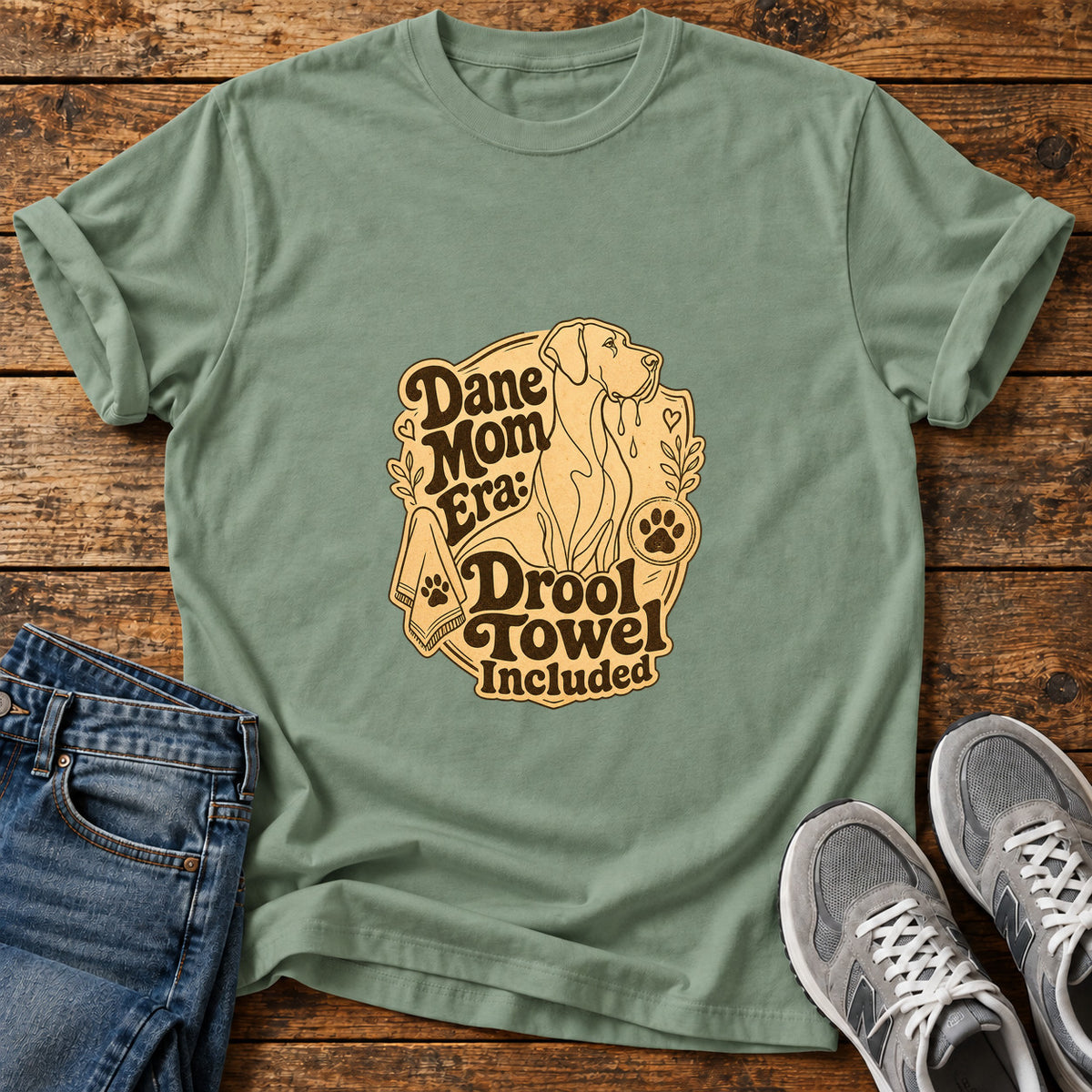 Dane Mom Era Great Dane graphic T-shirt in Sage, shown on a flat-lay shirt mockup