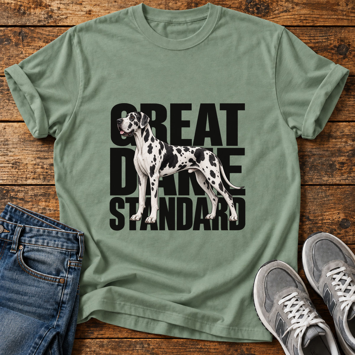 Great Dane Standard graphic T-shirt in Sage, shown on a flat-lay shirt mockup